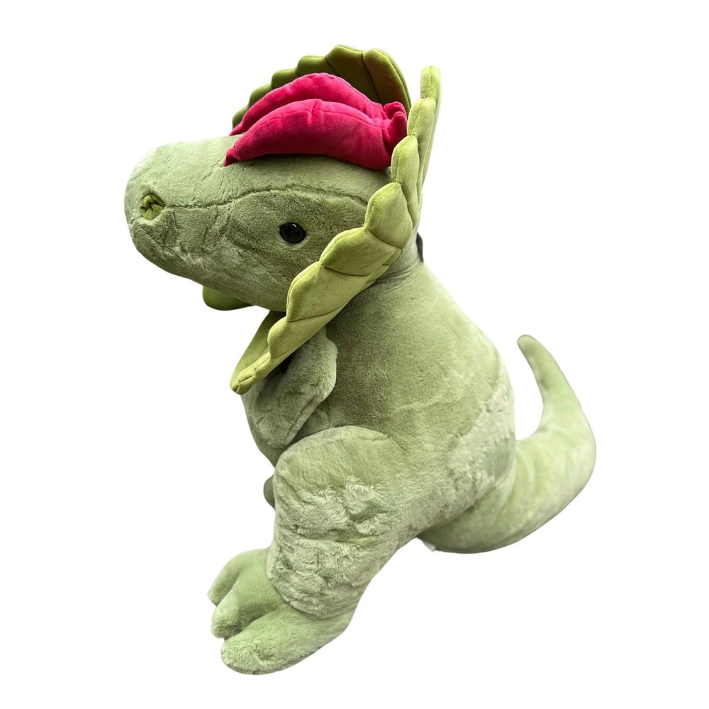 Bukowski Bears Dilo stuffed dinosaur; lime-green plush with pink frill, seated upright.