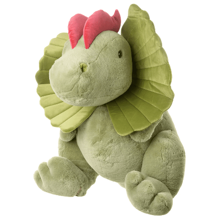Bukowski Bears Dilo stuffed dinosaur in olive green with red crest and large frill, cuddly toy.