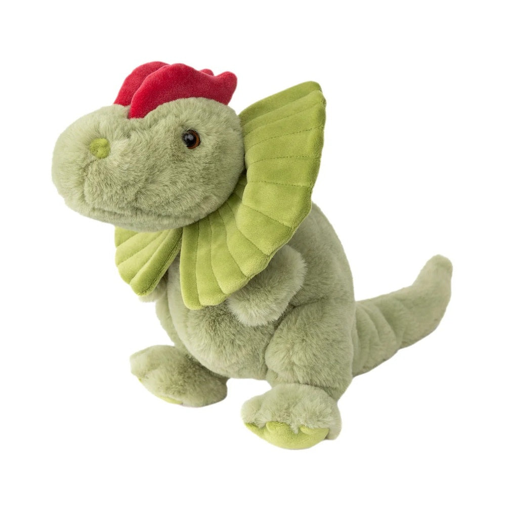 Bukowski Bears Dilo stuffed dinosaur plush in sage green with red crest and lime frill, sitting upright.