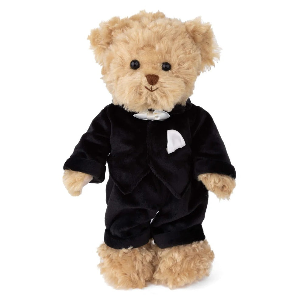 Bukowski Bears Groom stuffed animal in a black tuxedo with white bow tie and pocket square.