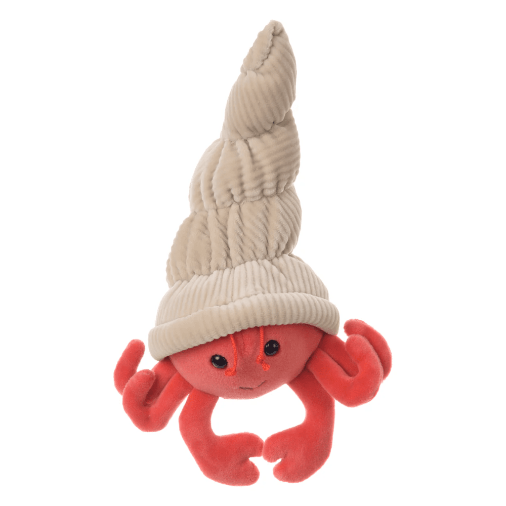 Bukowski Bears Hermit The Crab stuffed animal with a beige knit shell hat and orange plush claws.