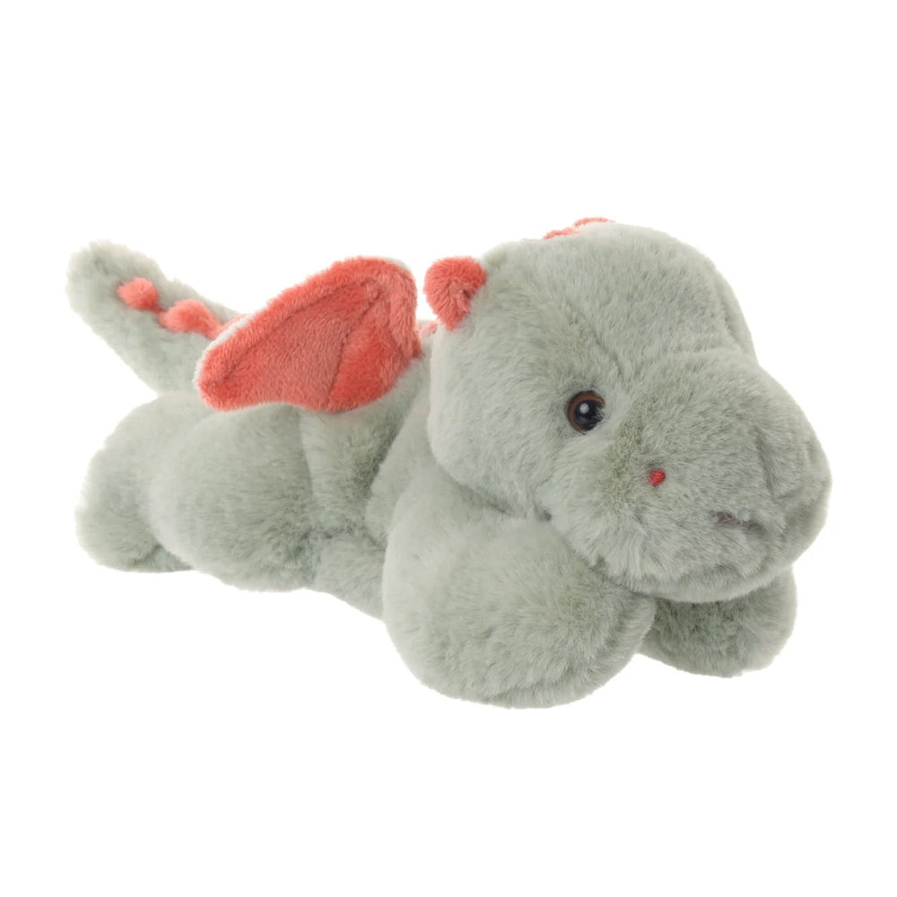 Bukowski Bears Little Drago Emerald stuffed animal: soft gray-green dragon plush with coral ears, lying cuddly.