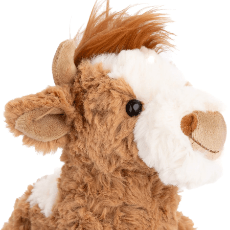 Bukowski Bears Madison Highland Cow plush stuffed animal in brown/white fur with beige muzzle and black eyes.
