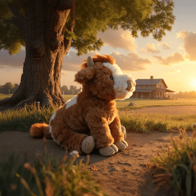 Bukowski Bears Madison the Highland Cow stuffed animal, brown and white plush, sits beside a tree at sunset.