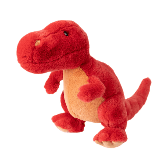 Bukowski Bears Rexie Dino stuffed animal plush in red with tan belly, leaning forward.