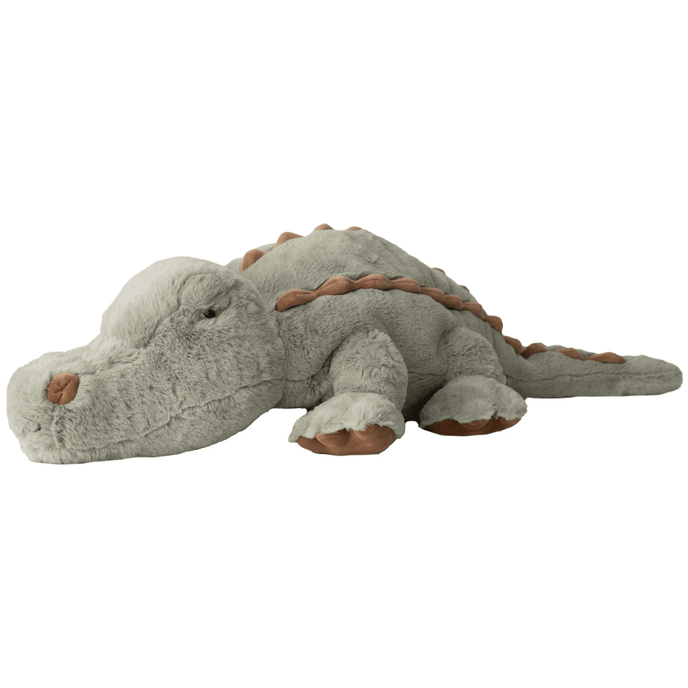 Bukowski Bears The Great Maximus stuffed crocodile in soft gray-green plush with brown spikes along its back, lying flat.