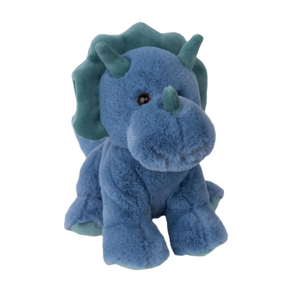 Bukowski Bears Tricey Dino plush stuffed animal in blue with green frill and horns, sits upright.