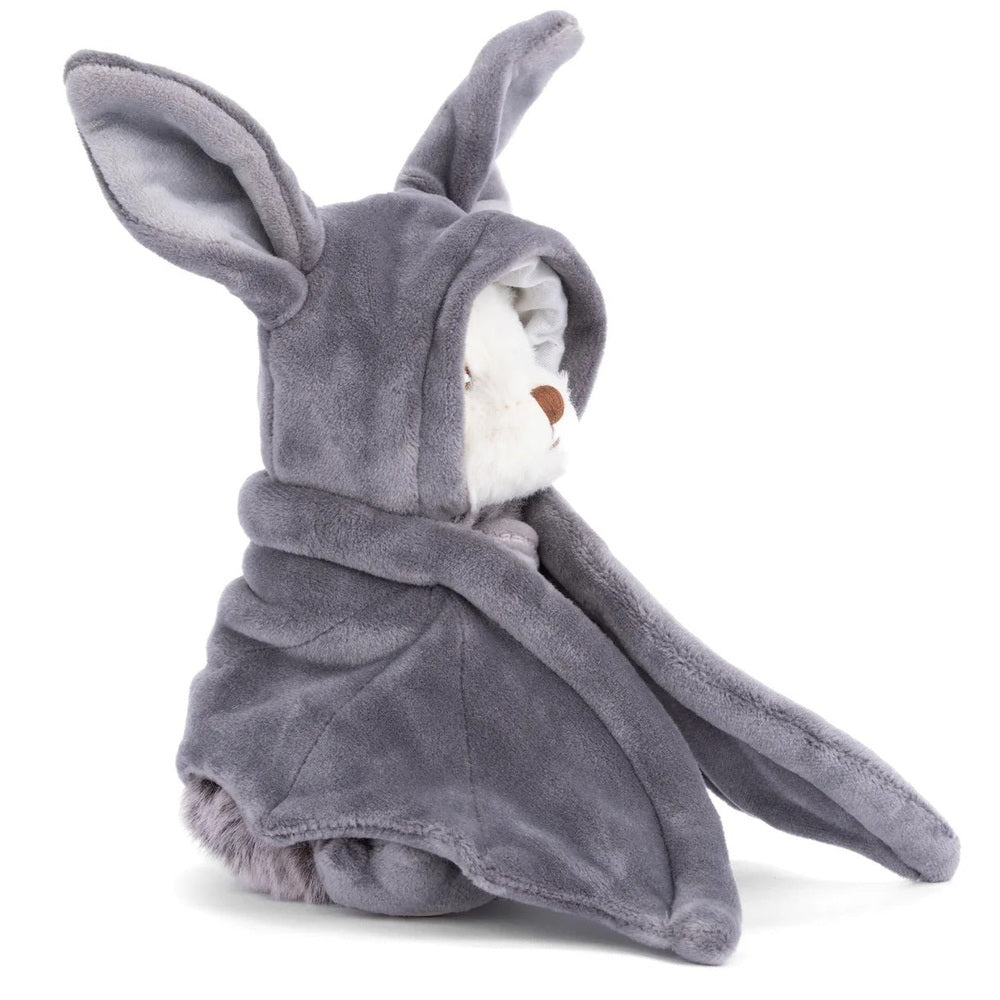 Bukowski Bears Ziggy Bat stuffed animal, soft gray plush wrapped in a cozy robe for cuddling.