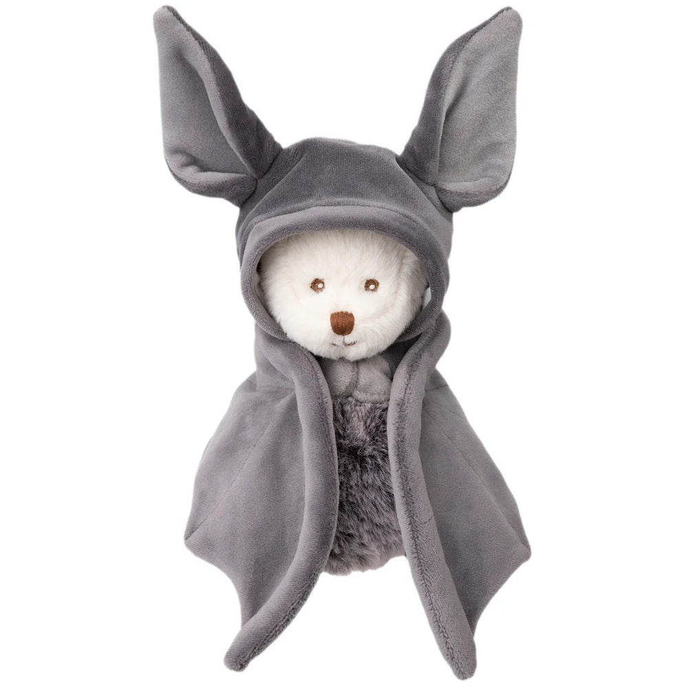 Bukowski Bears Ziggy Bat stuffed animal in a soft grey hooded cloak with oversized ears, ready for cuddles