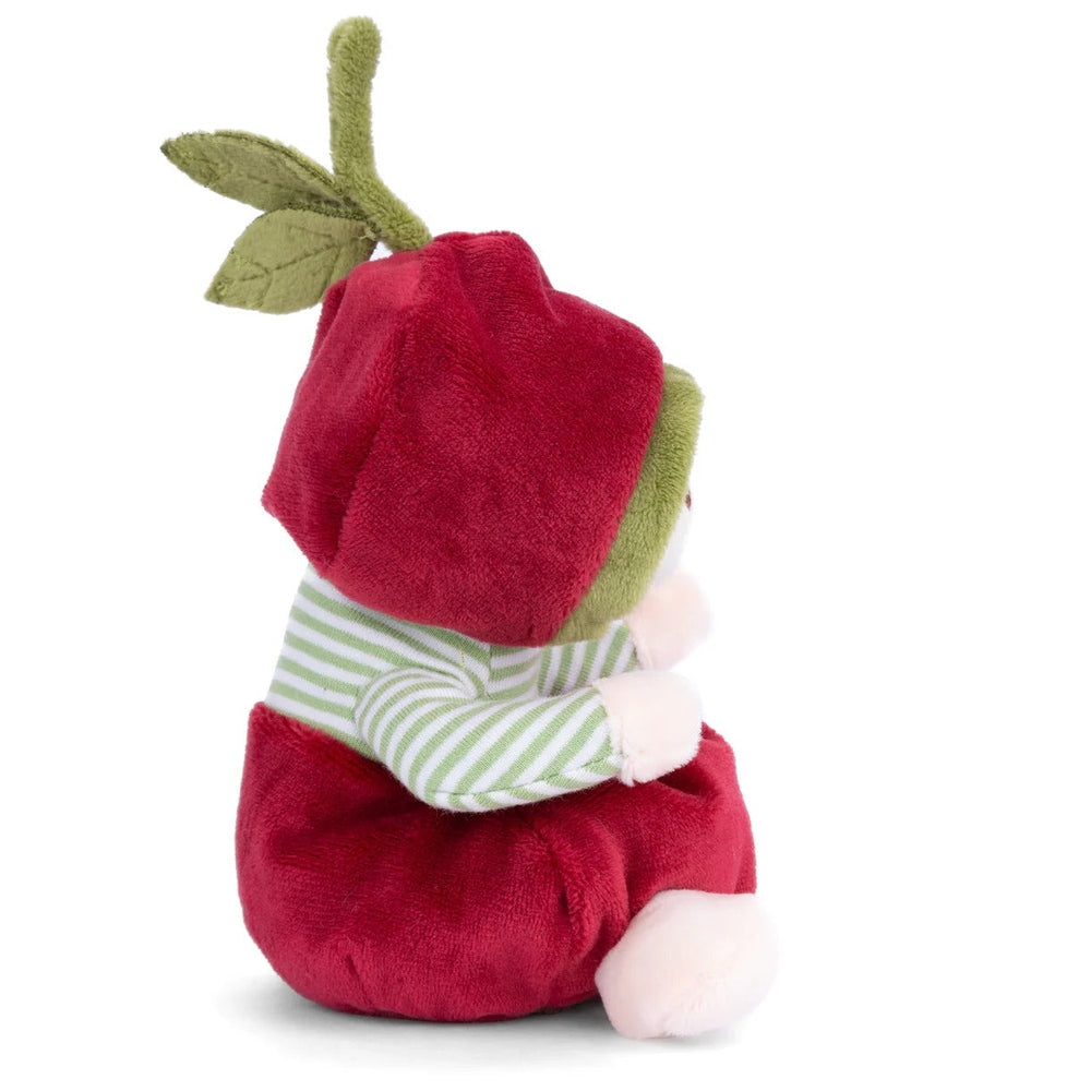 Bukowski Bears Ziggy Cherry stuffed animal; red plush body, green stem, striped mint shirt, rear view.