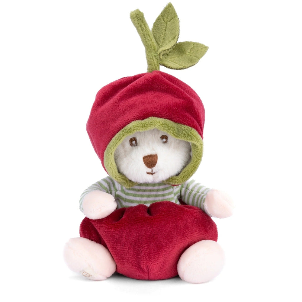 Bukowski Bears Ziggy Cherry stuffed animal; cuddly bear in red cherry suit with green trim and leaf, sitting upright.