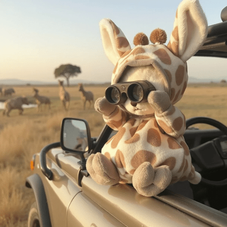 Bukowski Bears Ziggy Giraffe stuffed toy perched on a jeep with binoculars raised to its eyes, tan and cream giraffe pattern, savannah scene.