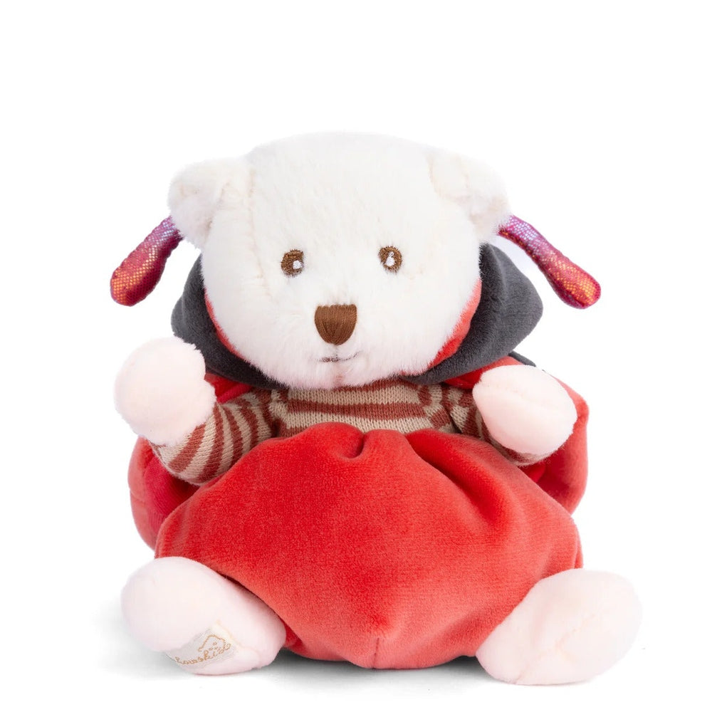 Bukowski Bears Ziggy Ladybug stuffed animal, a white plush bear in a red outfit with striped