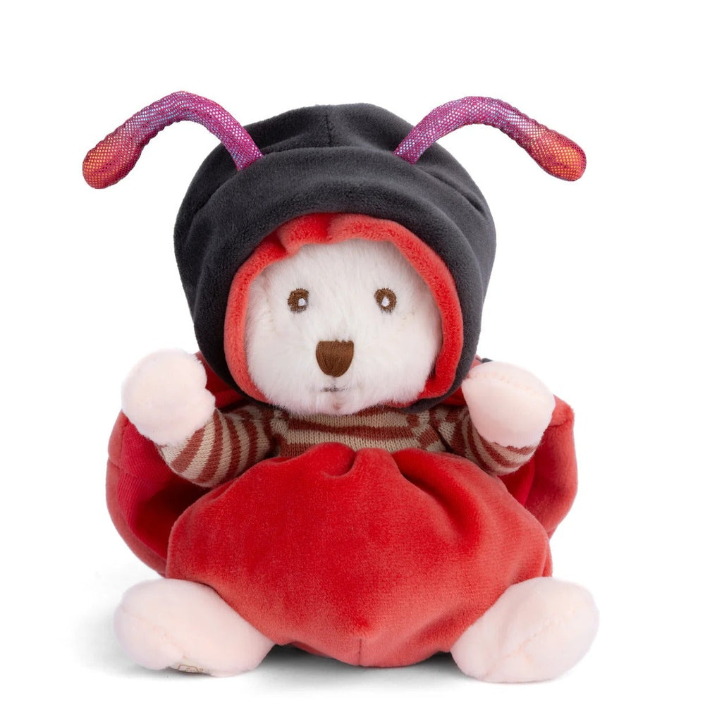 Bukowski Bears Ziggy Ladybug stuffed animal in red hood with purple antennae, sitting with arms up.