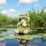 Bukowski Bears Ziggy Prince Charles stuffed frog toy in green with beige belly sits on pond lily pads.