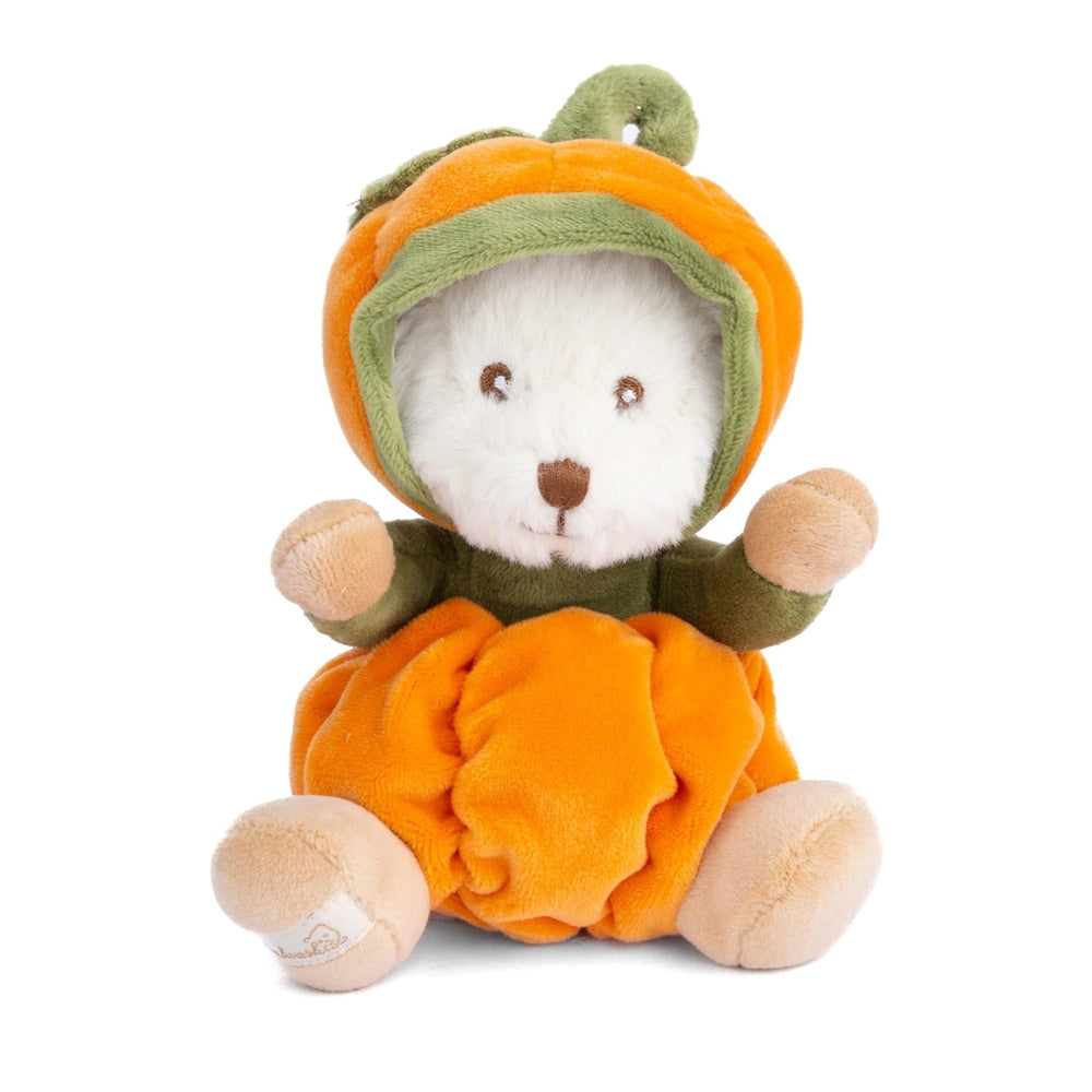 Bukowski Bears Ziggy Pumpkin stuffed animal in orange pumpkin suit with green hood, seated cheerfully.