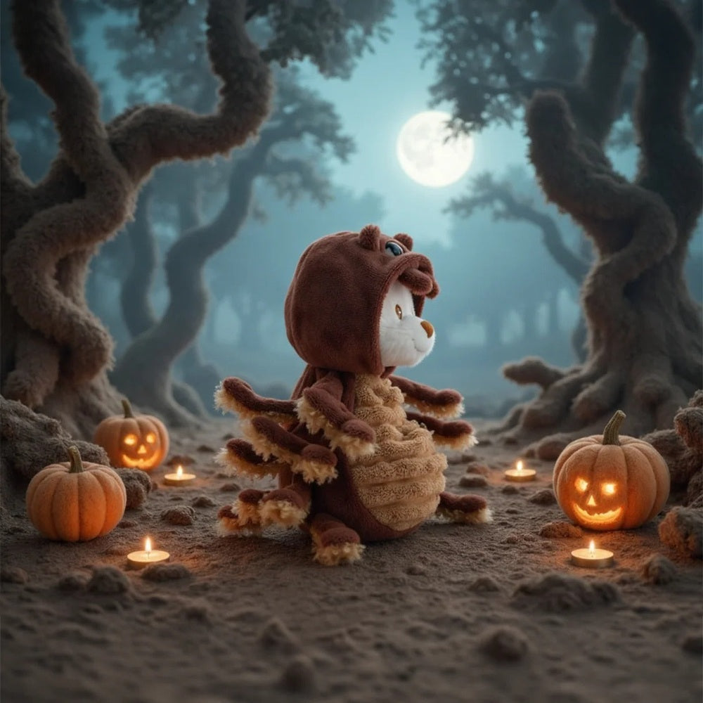 Bukowski Bears Ziggy Spider stuffed animal in a moonlit forest among pumpkins and candles, showcasing soft brown plush with cream belly.