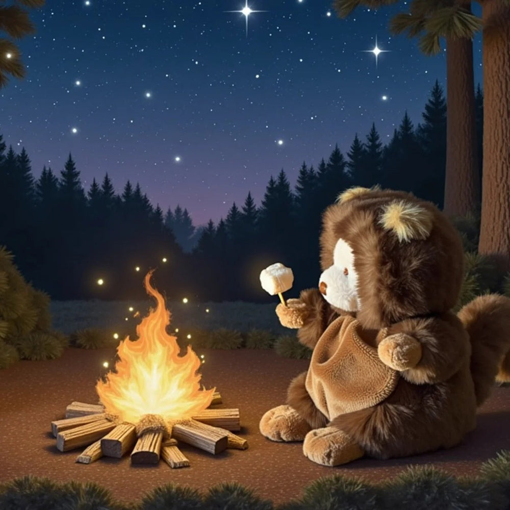 Bukowski Bears Ziggy Squirrel stuffed animal, brown plush sitting by a campfire roasting a marshmallow under a starry night.
