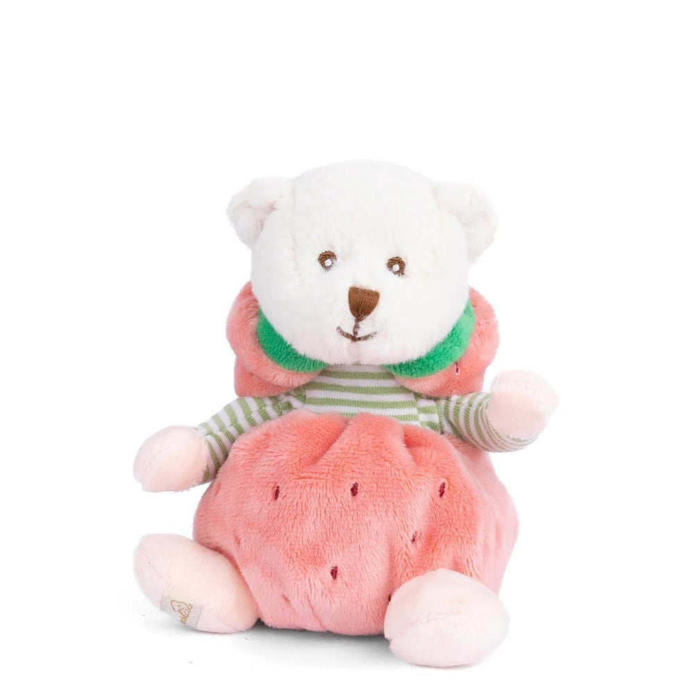 Bukowski Bears Ziggy Strawberry stuffed animal, white bear in pink strawberry outfit with green scarf, seated.