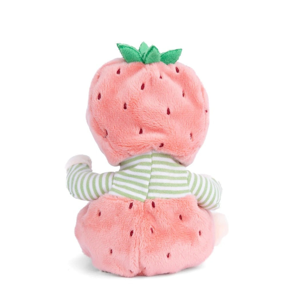 Bukowski Bears Ziggy Strawberry stuffed animal; pink plush with green striped sweater, back view and leafy cap.