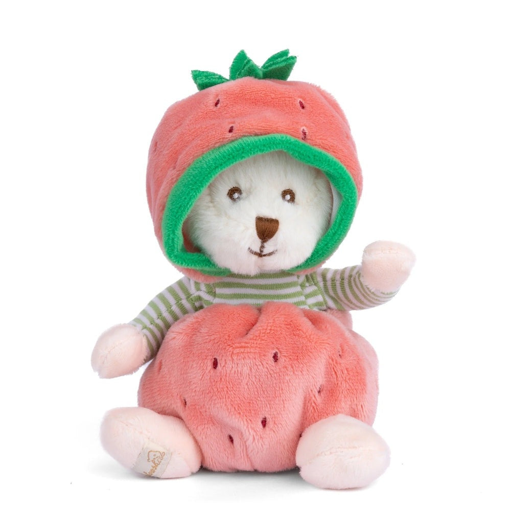 Bukowski Bears Ziggy Strawberry stuffed animal, pink strawberry costume with green trim, sitting upright with raised arm.