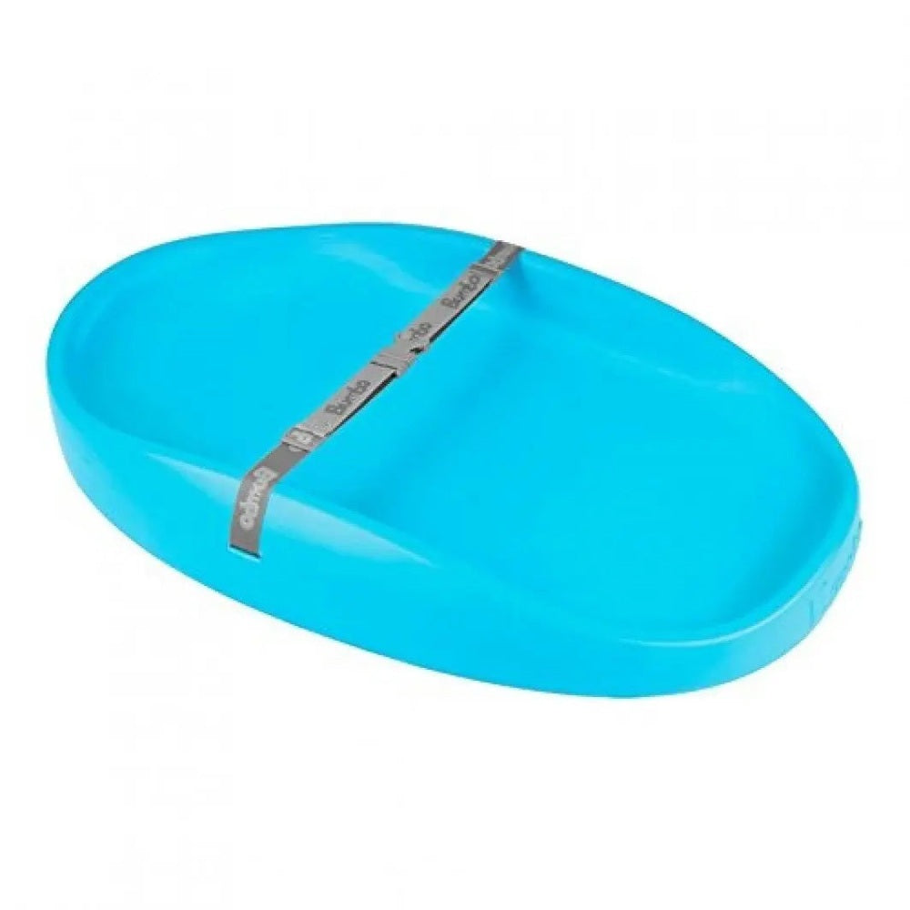 BUMBO Changing Pad blue oval with grey securing strap laid flat for diaper changes