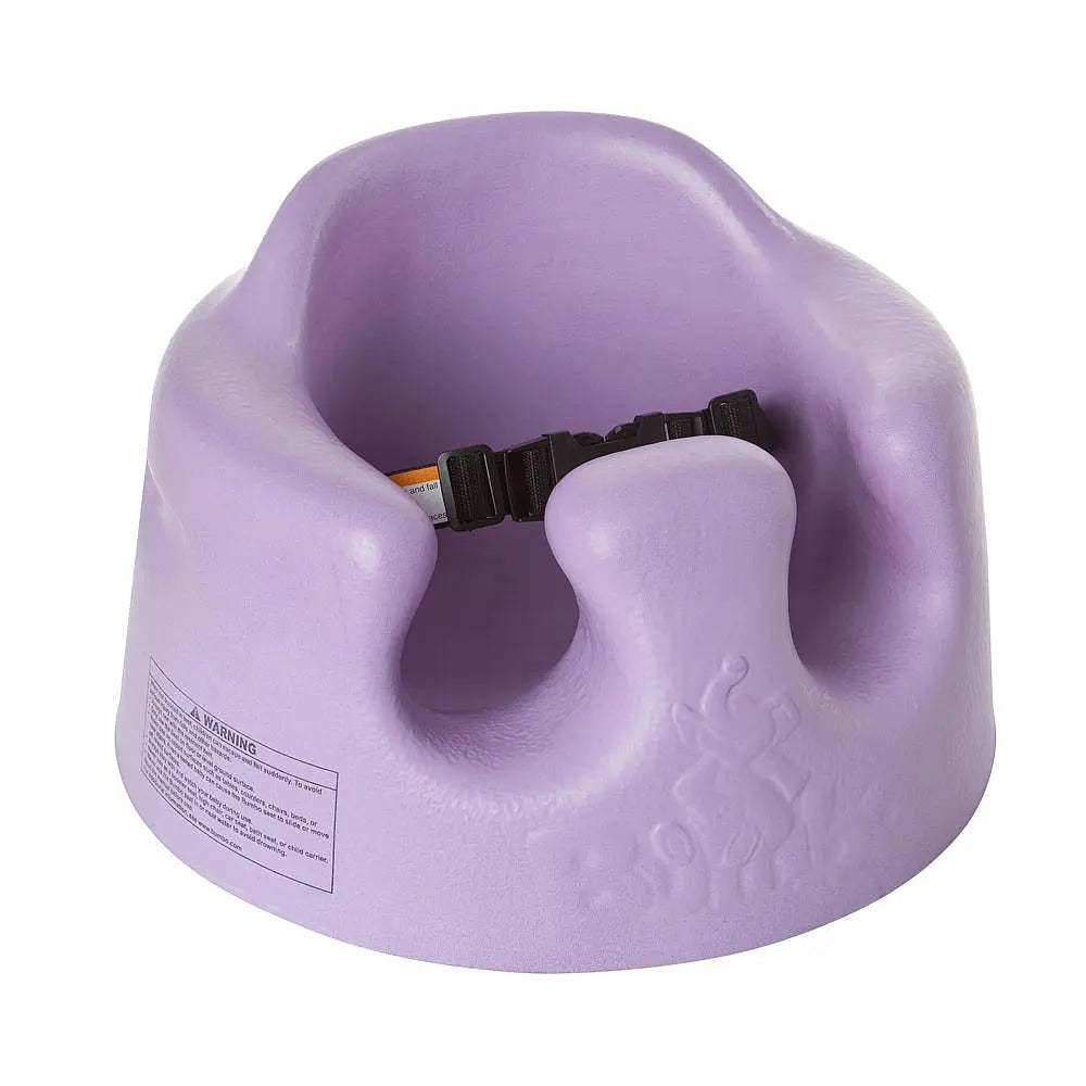 Bumbo Floor Seat lavender purple with black safety strap, shown as a compact baby booster chair.