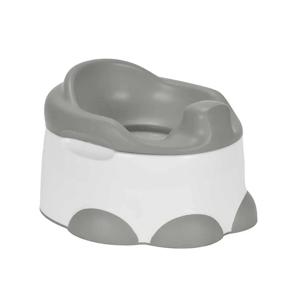 Bumbo Step N Potty toddler toilet with white base and gray cushioned seat, built-in side guards for support