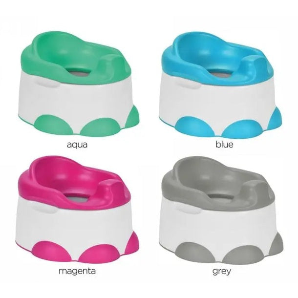Bumbo Step 'N Potty toddler potty chair set in aqua/blue/magenta/grey—four colorful chairs shown side by side.