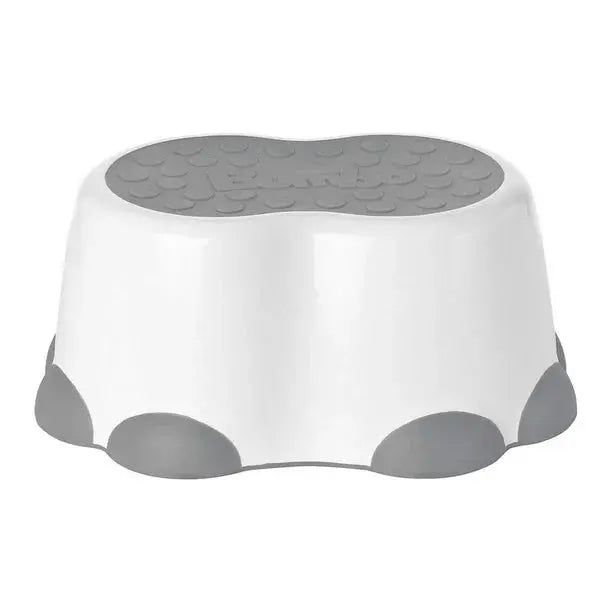 Bumbo Step Stool white with gray non-slip top and rounded feet, toddler-friendly step stool.