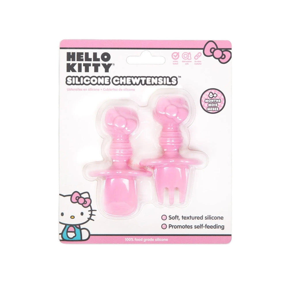 BUMKINS Hello Kitty silicone Chewtensils; pink soft textured silicone for babies 6+ months, shown as two utensils in package.