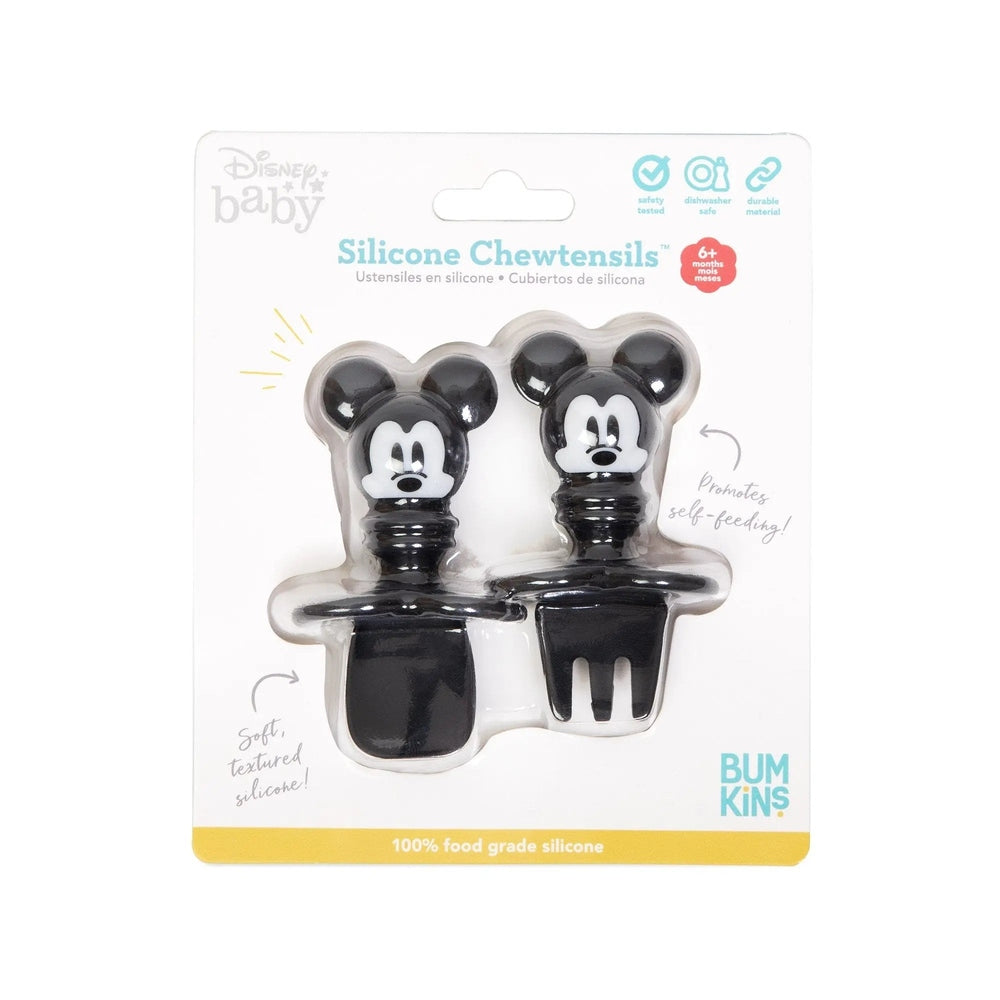 Bumkins Chewtensils: two silicone baby utensils with Mickey Mouse heads, showing soft textured silicone on packaging.