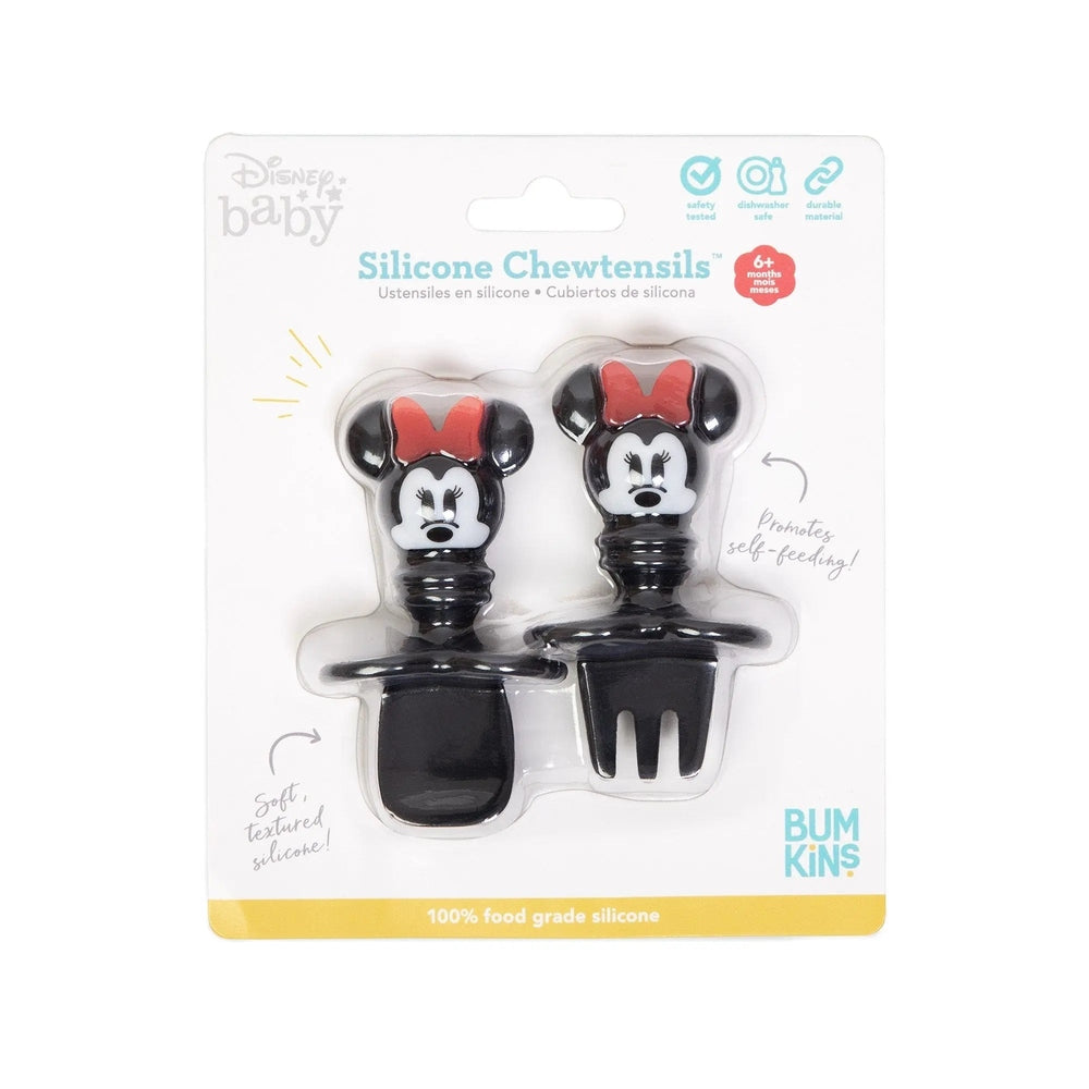 Bumkins Chewtensils silicone baby utensils, black with Minnie Mouse heads and red bows, shown ready for self-feeding.