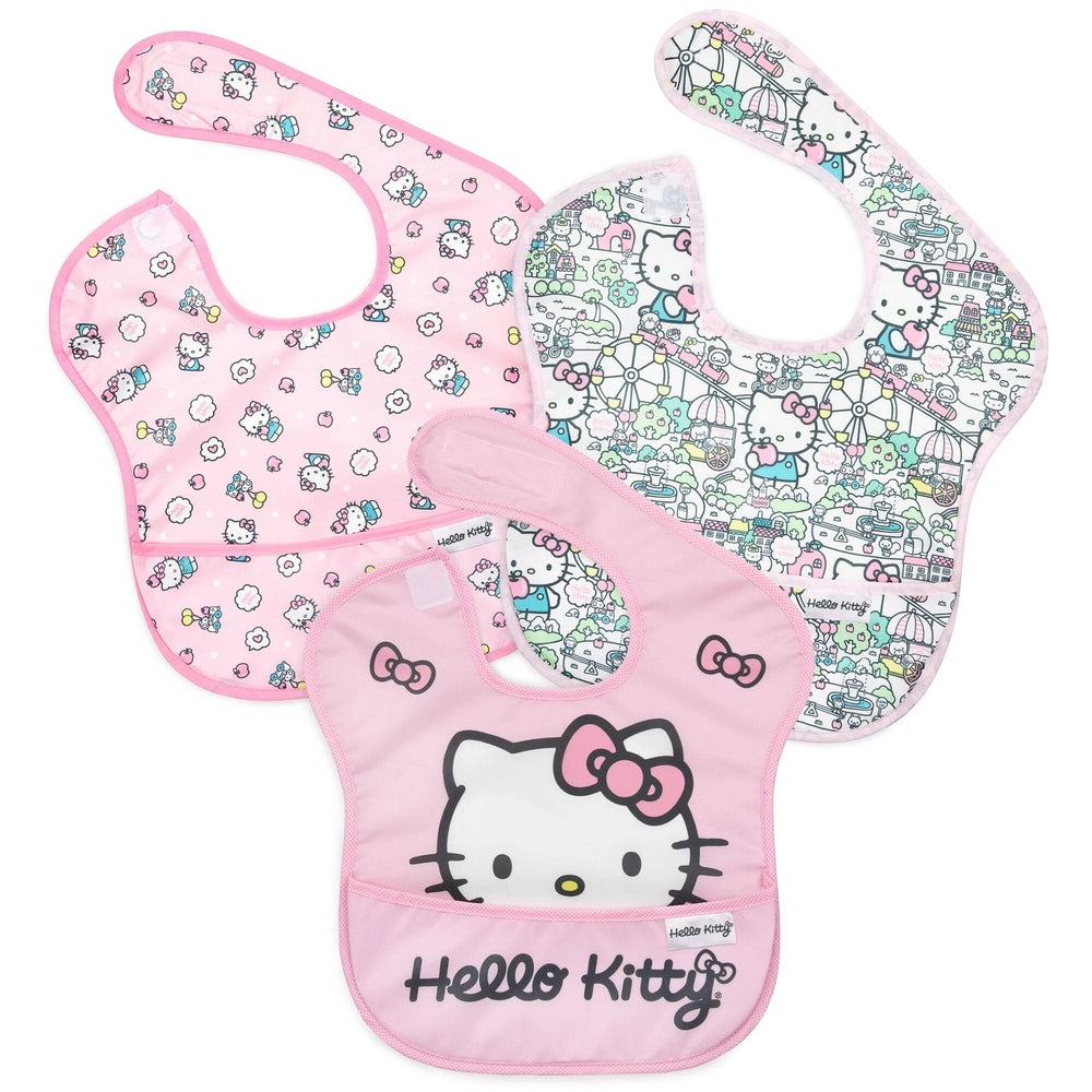 Bumkins Hello Kitty Disney Superbib 3-pack; pink bibs with Hello Kitty illustrations and playful patterns