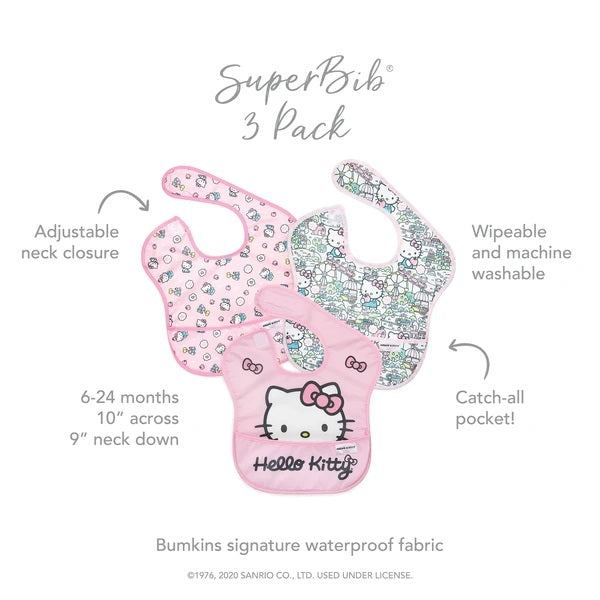 BUMKINS Hello Kitty Superbib 3-pack with adjustable neck closure and waterproof fabric