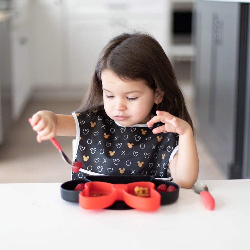Bumkins Disney Superbib 3-pack Love Minnie bibs for toddlers; black with Minnie icons, includes red tray.