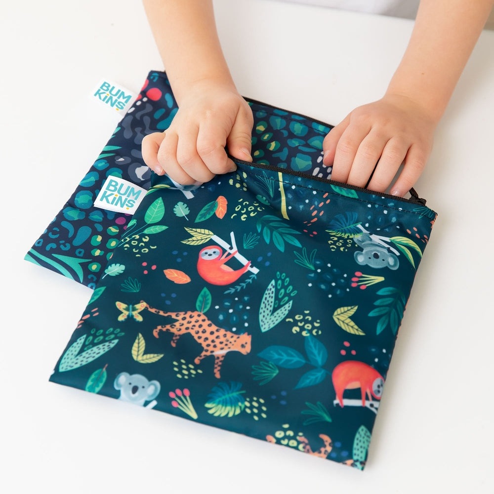 BUMKINS large snack bags 2-pack All Together Now in teal jungle print with zippers