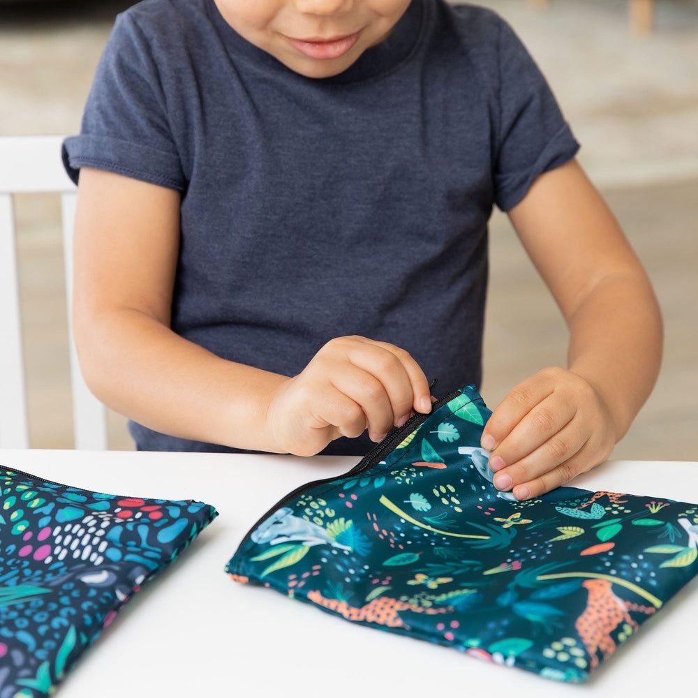 Bumkins Large Snack Bags 2-pack All Together Now, teal aquatic print with zipper closures