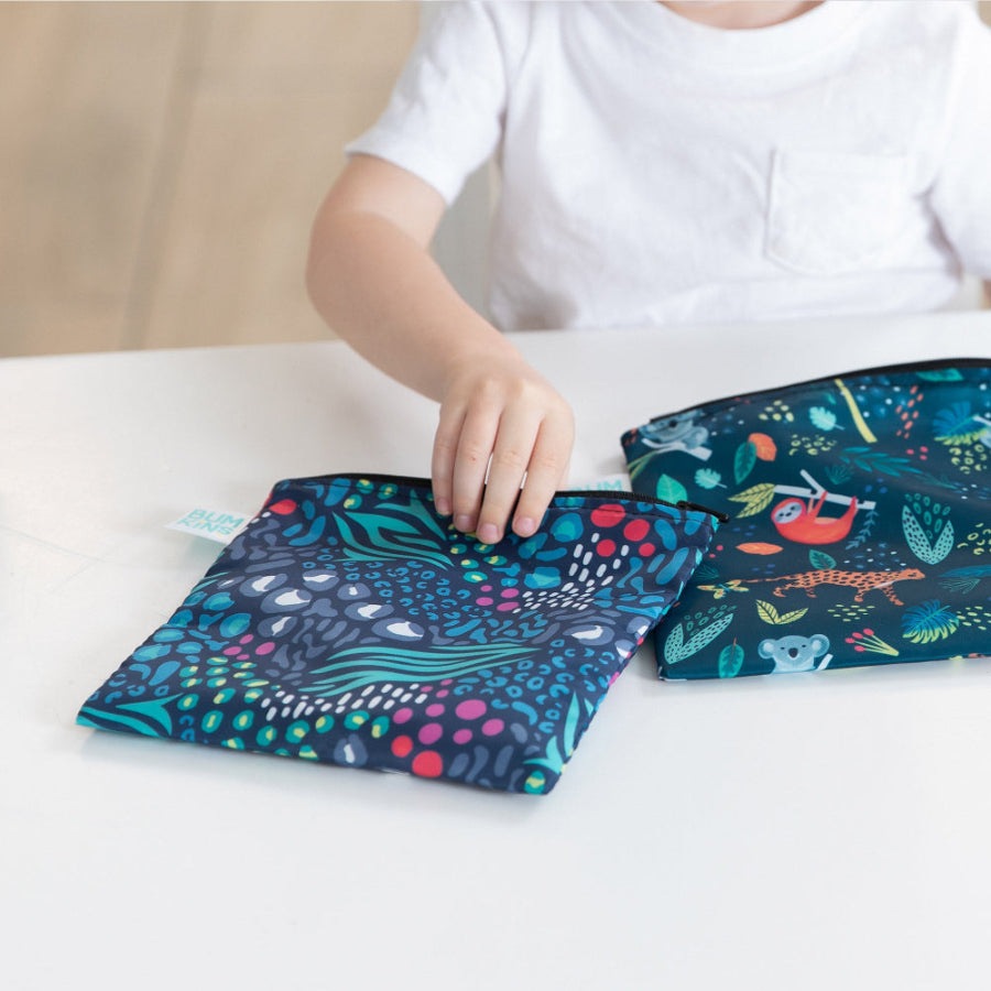 BUMKINS Large Snack Bag 2-pack, reusable fabric bags in colorful wildlife and ocean prints