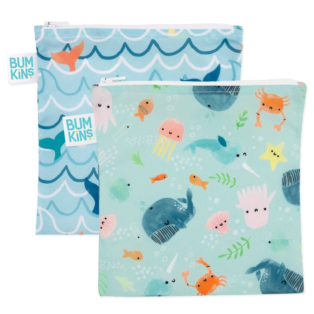 Bumkins large snack bags, 2-pack, ocean life print in teal and aqua for storage