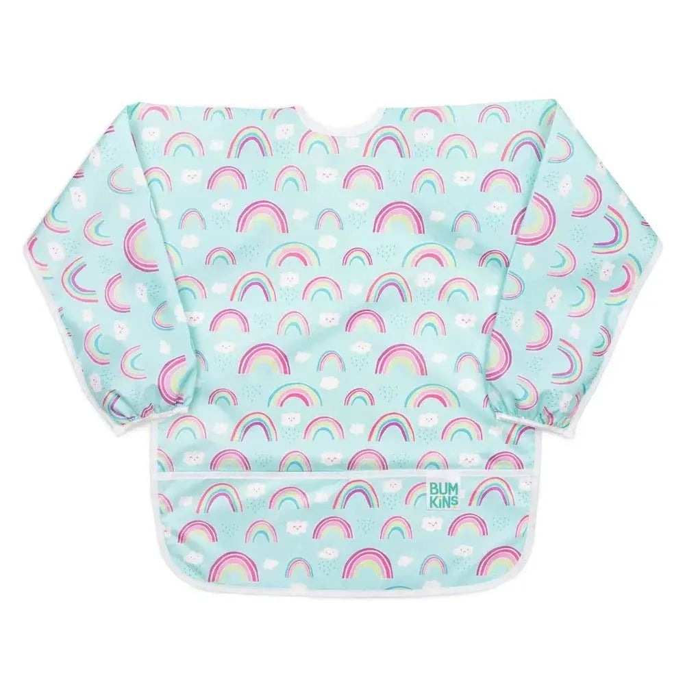 Bumkins Long Sleeved Smock Bib in pastel teal rainbow print laid flat with full sleeves and front pocket