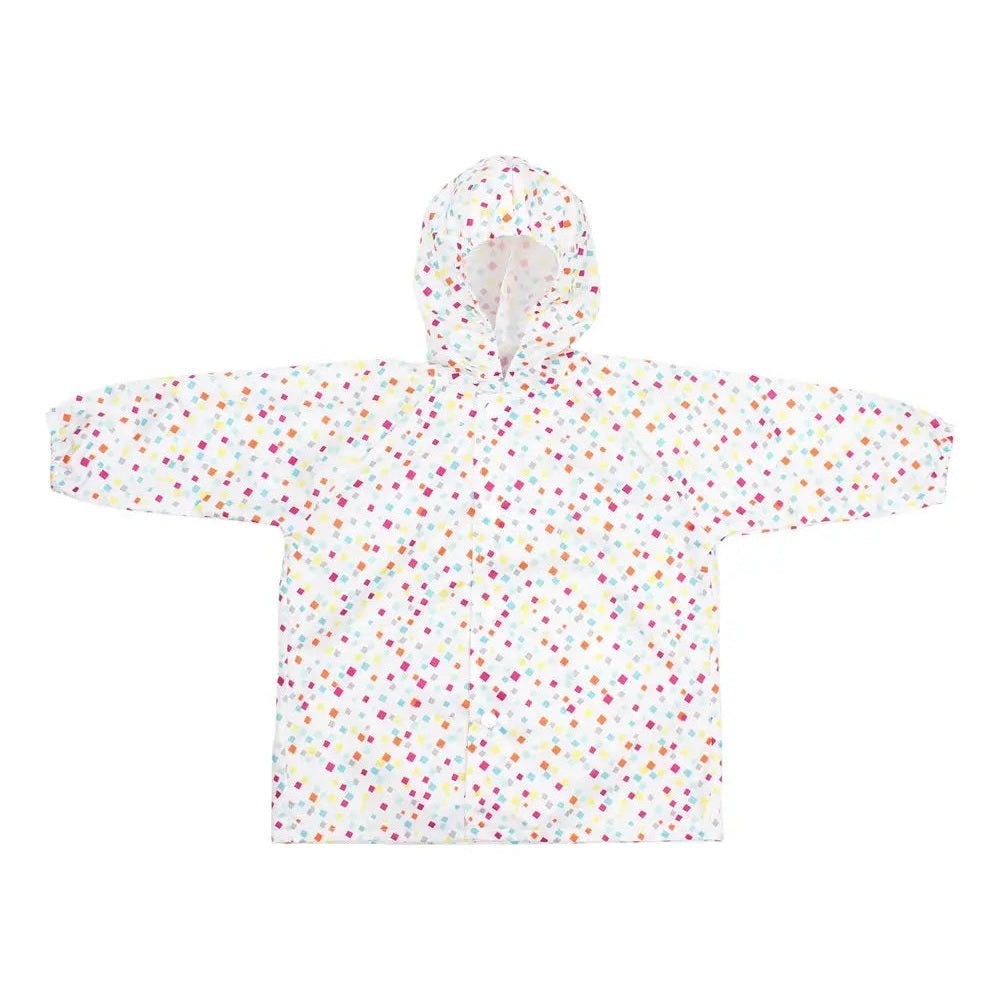 Bumkins Rain Jacket, white with multicolor confetti print, hooded and laid flat with arms spread.