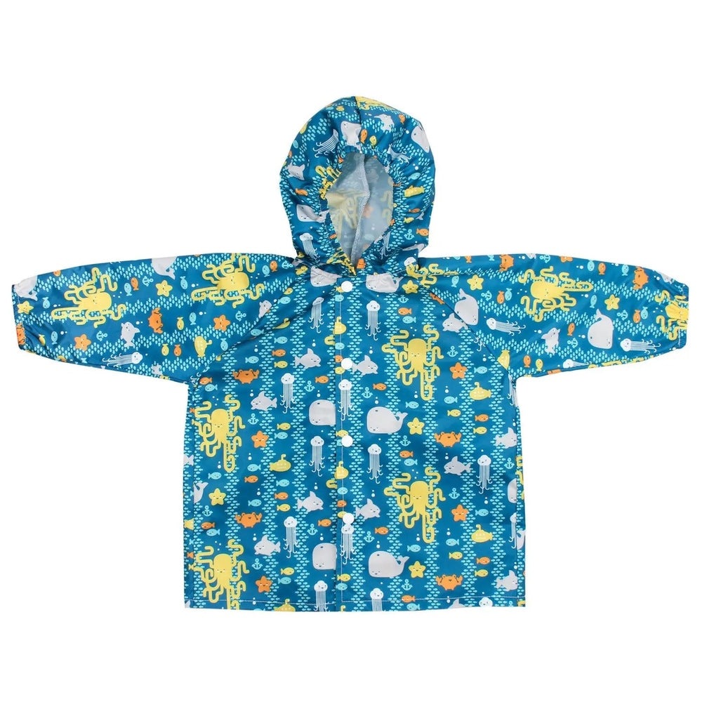 Bumkins Rain Jacket for toddlers in blue sea-life print with hood and snap-front waterproof design.