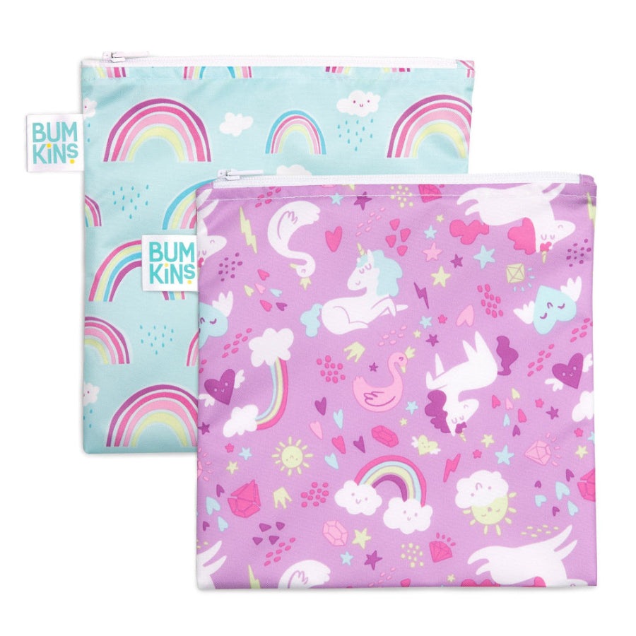 BUMKINS large unicorn and rainbow snack bags, 2-pack in pastel blue and purple with whimsical print
