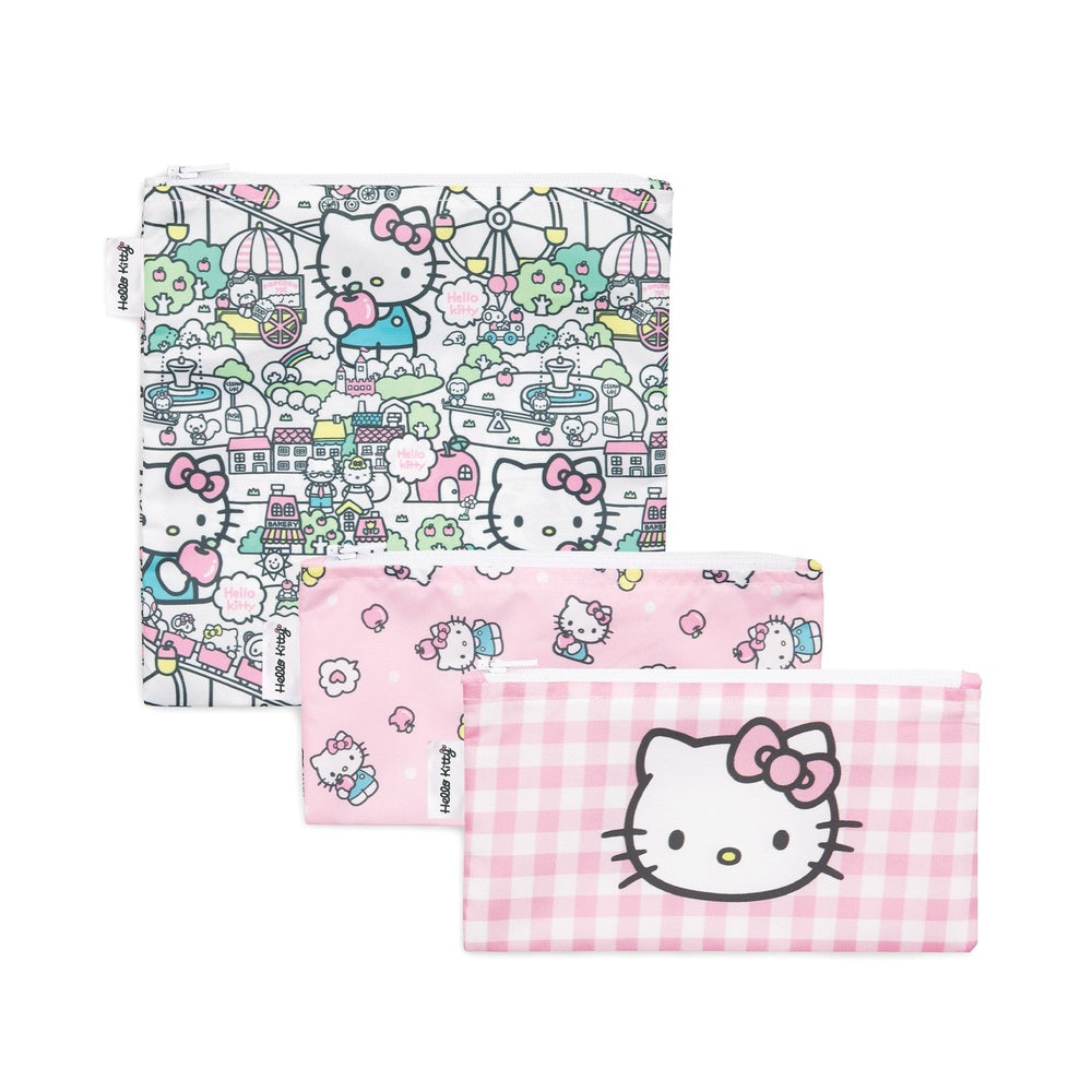 Bumkins Hello Kitty 3-pack reusable snack bags: white illustrated pattern, pink print, and pink gingham with Hello Kitty.