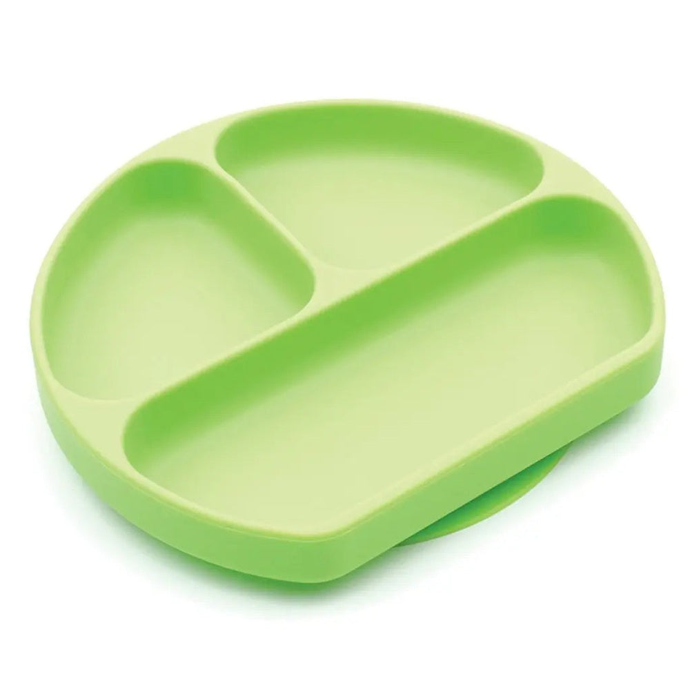 Bumkins Silicone Grip Dish three-compartment lime green baby plate with curved dividers and suction base.