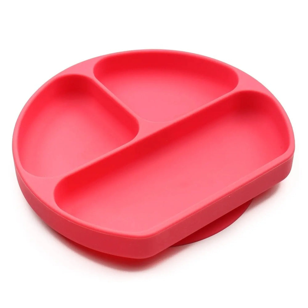 BUMKINS Bumkins Silicone Grip Dish pink three-compartment toddler plate shown resting on a surface.