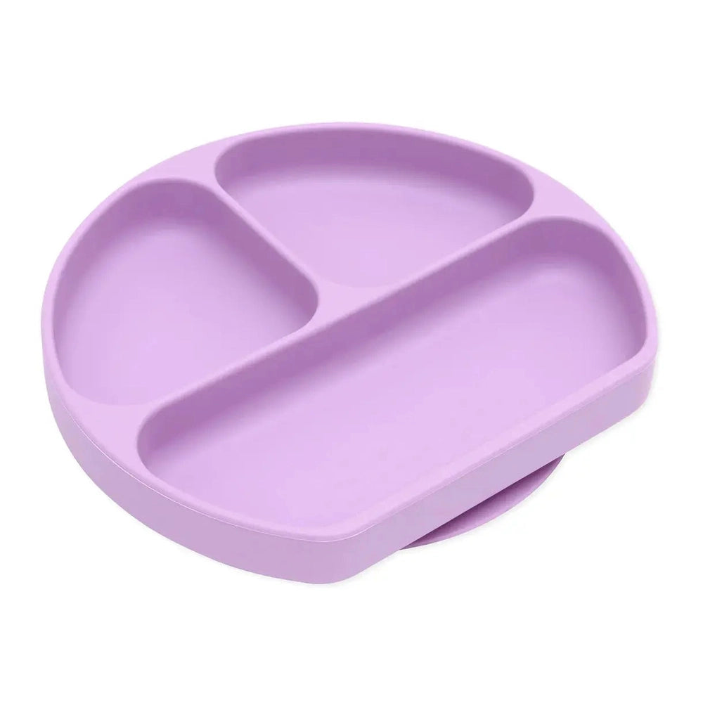 Bumkins Silicone Grip Dish purple three-section baby feeding plate with suction base and non-slip edges.