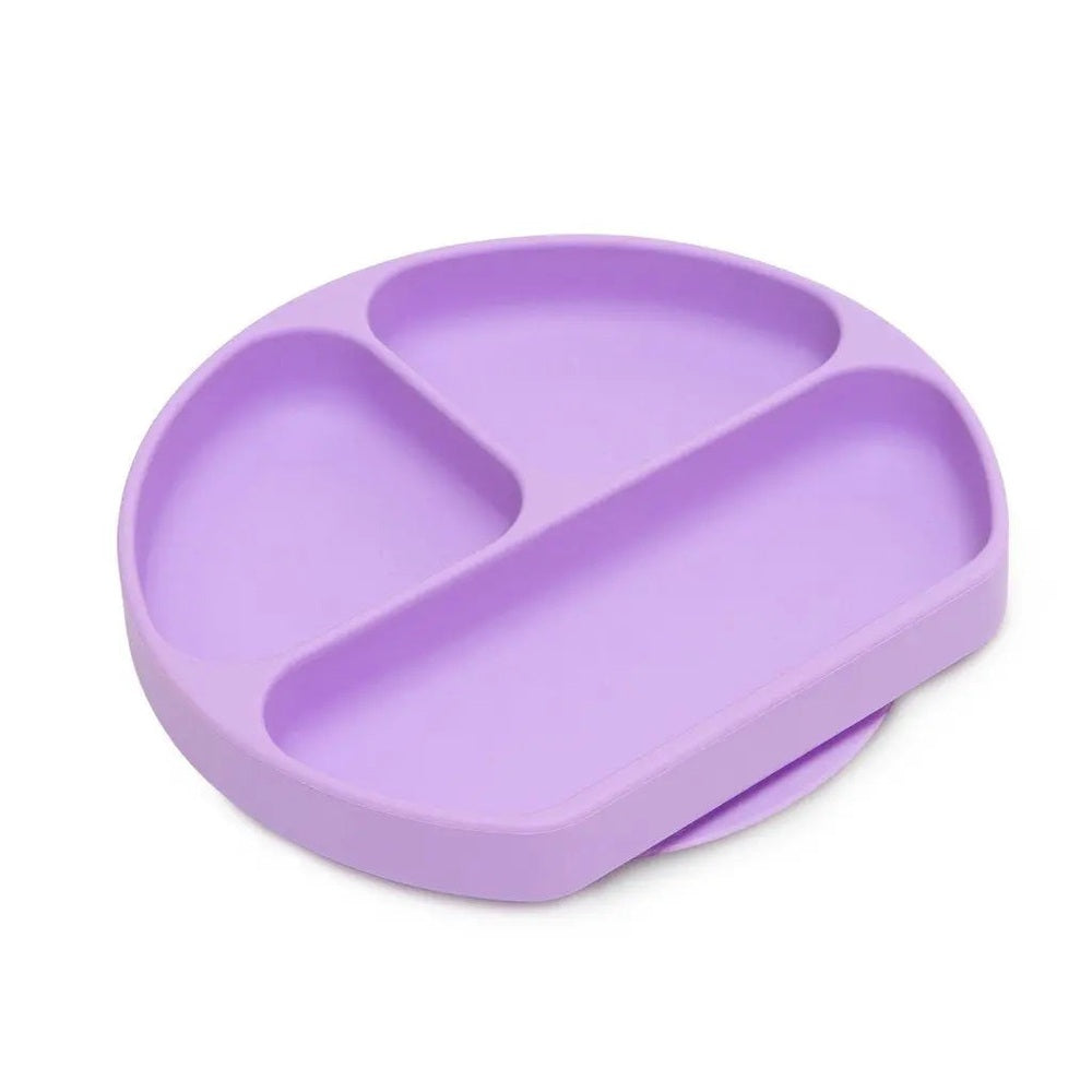 BUMKINS Silicone Grip Dish in lavender, a three-compartment baby feeding dish with suction base.