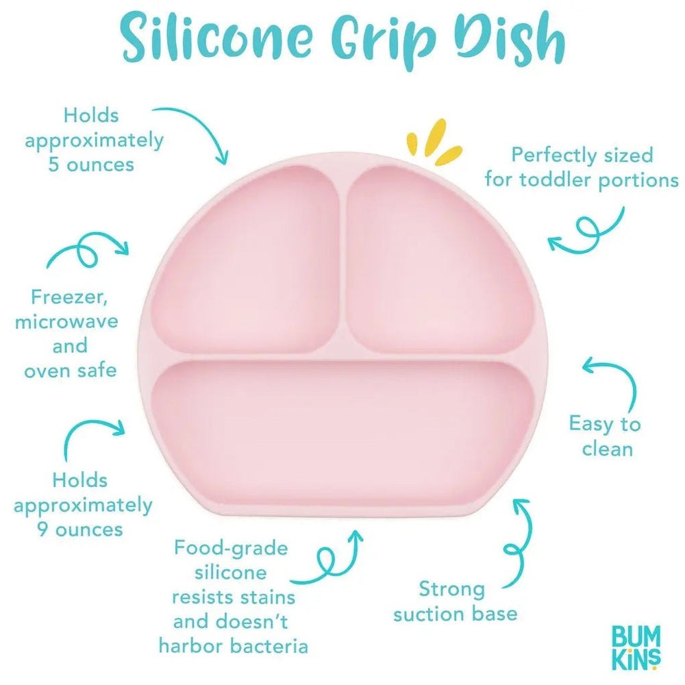 BUMKINS Silicone Grip Dish pink three-section toddler plate with strong suction base sticking to the tray and easy-to-clean silicone.